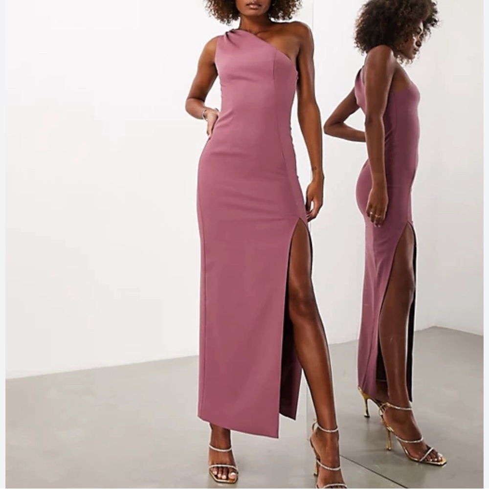 ASOS Desig women’s Bridesmaid‎ crepe one shoulder Columm maxi dress pink blush 4